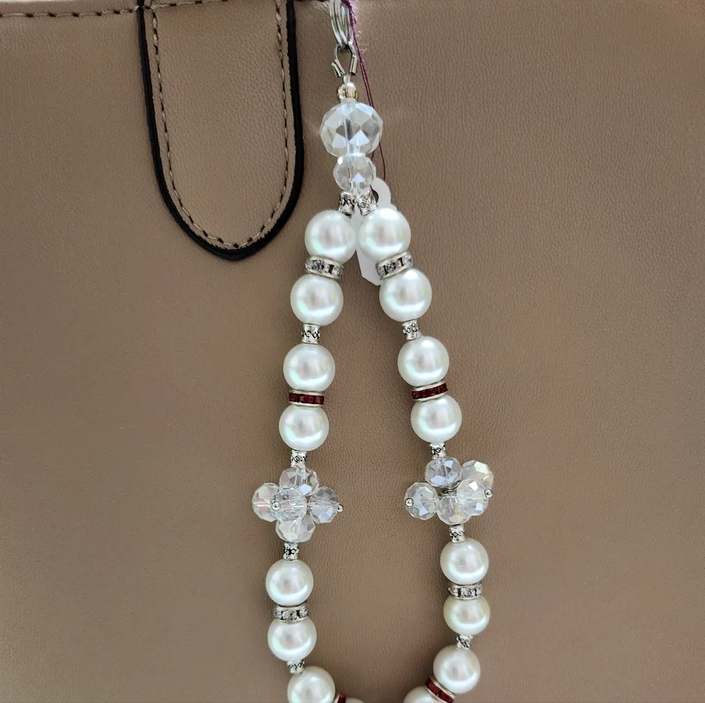 Hand Crafted Purse/Bag Charm Faux Pearls Crystals with Mom Pendant 8 1/4 inches